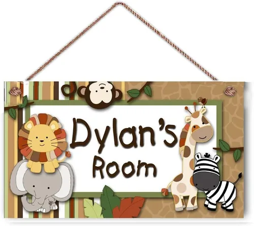 Miniatura 12 de Cartel de animales de la selva para niños, nombre personalizado, letrero de plástico de montaje en pared de 5 x 12.5 pulgadas, estilo moderno