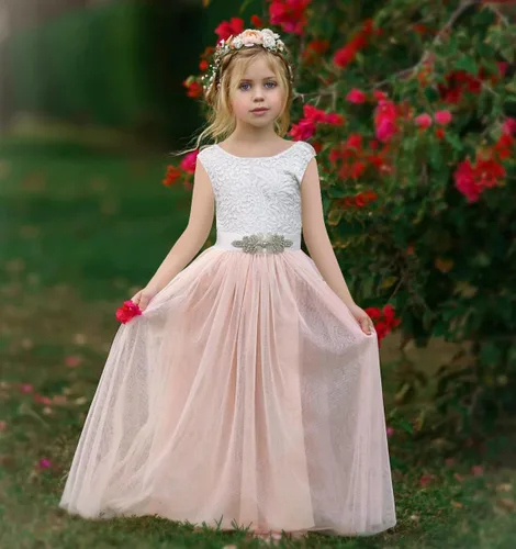 Miniatura 4 de MCieloLuna Vestidos de tul de longitud completa con encaje en la espalda para niña con lazo para fiesta, cumpleaños, primera comunión MC27
