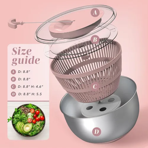 Miniatura 5 de COOK WITH COLOR Lavadora de lechugas y secadora de verduras para una fácil preparación de ensaladas, base antideslizante con mango de tracción, Rosa