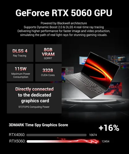 Miniatura 4 de Laptop para juegos RTX 5060, 2560x1600 16 pulgadas, 240Hz 2.5K QHD+, procesador AMD Ryzen 7 H 255 (8C/16T, 4.9GHz), 8GB GDDR7 VRAM, 16GB DDR5 512GB