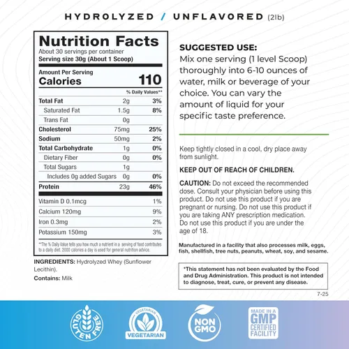 Miniatura 2 de Muscle Feast Proteína de suero hidrolizada alimentada con pasto, sin hormonas naturales, sin sabor, 2 libras