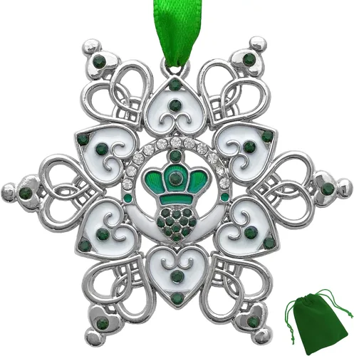 Adorno de Navidad irlandés – Claddagh – Copo de nieve irlandés – Filigrana de metal y joyas – Bolsa de almacenamiento de regalo incluida mide 3 x 3