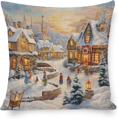 Miniatura 10 de Fundas de almohada de 16 x 16 pulgadas, diseño de pueblo de invierno, decoración de Navidad, para sofá, sala de estar, dormitorio