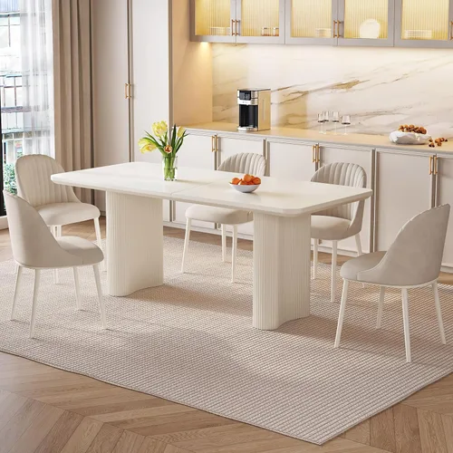 Miniatura 8 de Mesa de Comedor Rectangular de 63" con 6 Sillas, Mesa de Cocina Moderna Blanca con Juego de Sillas para Sala de Estar, Comedor y Cocina Blanco-A