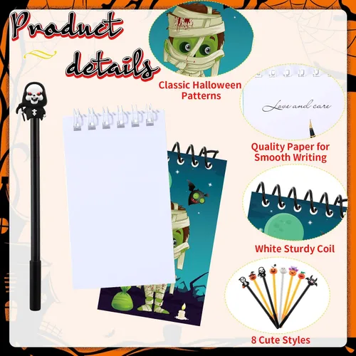 Miniatura 2 de Jetec Juego de 48 cuadernos de Halloween, mini bloc de notas en espiral, divertidos bolígrafos de gel de dibujos animados, fantasma, calabaza
