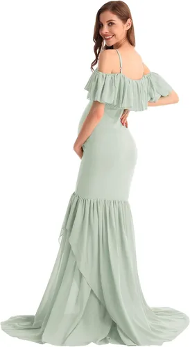 Miniatura 6 de MYRISAM Vestido de maternidad con volantes y hombros descubiertos para mujer, vestido de fiesta de sirena de gasa, vestido ajustado