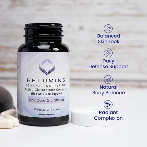 Miniatura 6 de Relumins Advance White, Complejo activo Glutatión, Cápsulas con fórmula blanqueadora oral con 6 refuerzos, Blanquea, repara y restaura la piel