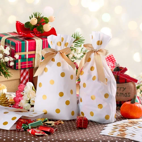Miniatura 5 de Frienda Paquete de 50 Bolsas de Dulces de Navidad con Cordón Bolsa de Galletas y Dulces con Lunares Dorados Bolsillo de Favor de Plástico