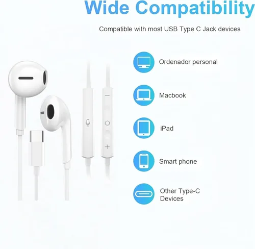 Miniatura 7 de Paquete de 5 auriculares USB C actualizados para iPhone 17/16/15 Pro Max, iPad Plus TypeC con micrófono, control de volumen, auriculares USBC