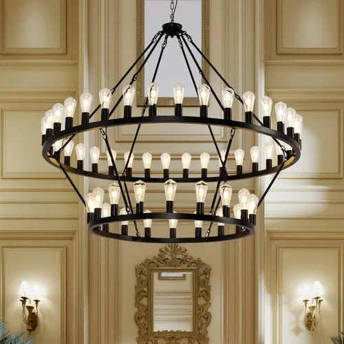 Miniatura 8 de Candelabro negro de 48 pulgadas con rueda de vagón, 2 niveles y 40 luces, estilo granja, industrial, redondo, de techo alto, cadena ajustable