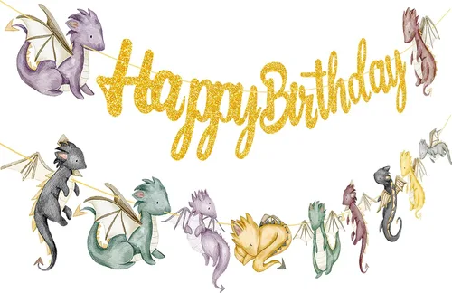 Pancartas de fiesta de cumpleaños de dragón, 2 piezas recortadas de fantasía, pancarta dorada para suministros de baby shower de caballero