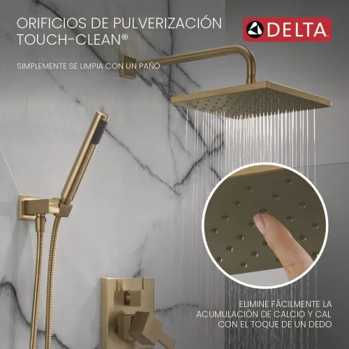 Miniatura 6 de Sistema de Ducha de Lluvia Cuadrado Delta Modern Serie 14, Conjunto de Grifo, Cabezal de Ducha de Lluvia Oro Cepillado y Conjunto de Mango, Kit