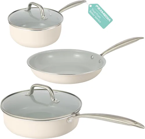Juego de ollas y sartenes antiadherentes, juego de utensilios de cocina de cerámica de 5 piezas, asas de acero inoxidable, compatible con inducción