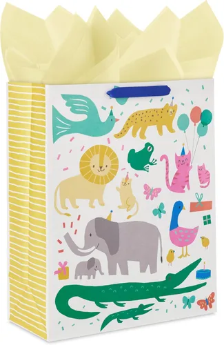 Hallmark - Bolsa de regalo extra grande de 15 pulgadas con papel de seda, con animales del zoológico (elefante bebé, cocodrilo, león, gatito,