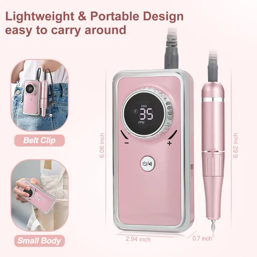 Miniatura 7 de Taladro de uñas eléctrico profesional, 35,000 rpm, taladro de uñas portátil Efile con 11 brocas de uñas, máquina de taladro de uñas recargable