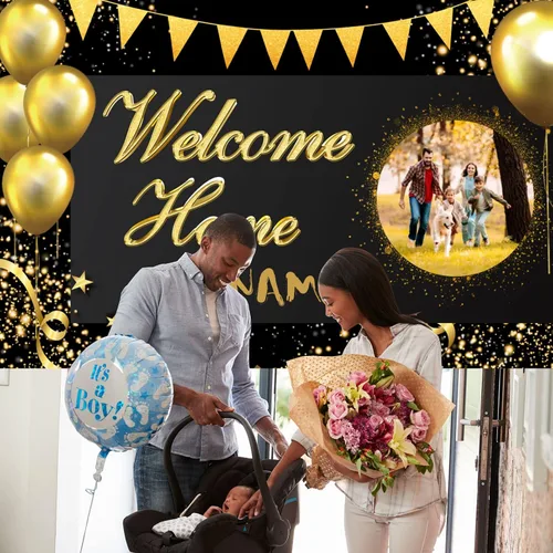 Miniatura 5 de Pancarta personalizada de bienvenida a casa, señal de bienvenida a casa en negro y oro para decoración exterior, suministros de fiesta de regreso