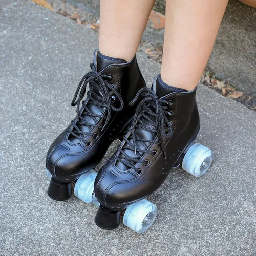 Miniatura 6 de Patines de ruedas para hombres y mujeres, patines Derby negros con 4 ruedas brillantes, patines clásicos de doble fila para interiores y exteriores