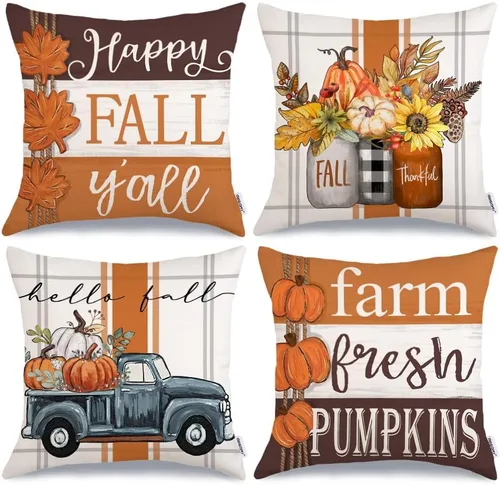 GEEORY Juego de 4 fundas de almohada de otoño de 18 x 18 pulgadas, diseño de calabazas y tarros de masón, decoración agradecida, fundas de cojín