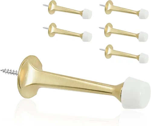 Paquete de 6 Topes de Puerta de Oro Sólidos y Rígidos - Topes de Puerta Resistente con Protector de Pared y Puntas de Goma Suave, Latón Cepillado
