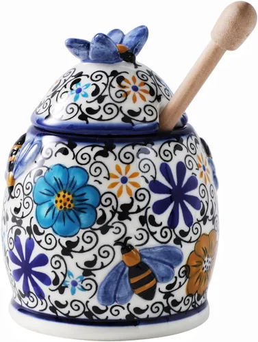 Miniatura 15 de ZOOBEE Tarro de miel de cerámica de 10 onzas con tapa y tapa pintada a mano con diseño natural, pequeño recipiente portátil para miel para cocina