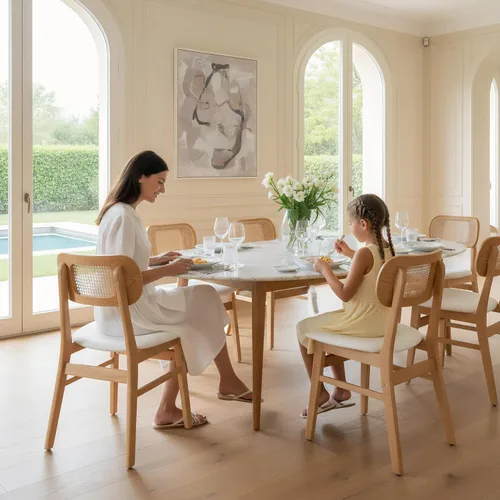 Miniatura 5 de ROCITY Juego de 4 sillas de comedor de ratán, sillas de comedor de lana de cordero blanca, sillas de cocina de madera natural, sillas de granja