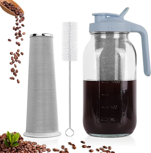 Miniatura 14 de Máquina de café de infusión fría, jarra de albañil de 64 onzas con filtro de acero inoxidable, tapa con pico para servir, de vidrio resistente