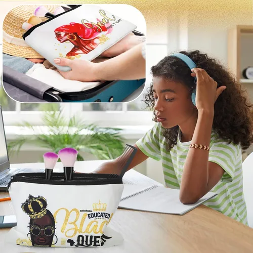 Miniatura 2 de Umigy 12 bolsas de maquillaje para niñas africanas, regalos para niñas negras, arte de melanina afro, bolsas de lona para cosméticos, divertidas