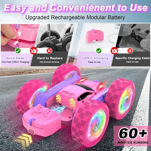 Miniatura 2 de Auto a control remoto, autos RC para niñas, rastreador RC de doble cara de 2.4 GHz con batería modular USB-C mejorada, juguetes de automóvil Rosa