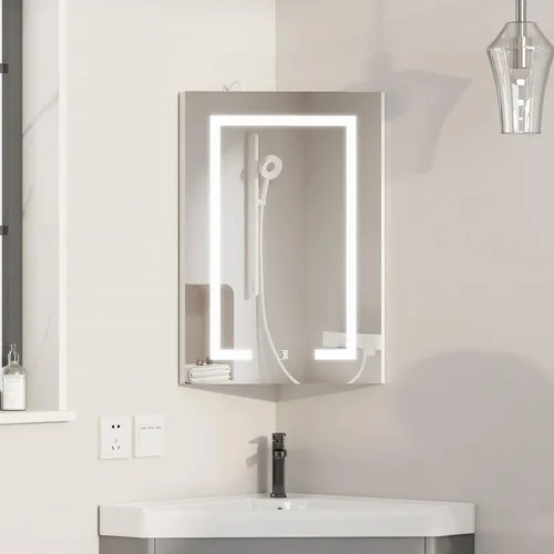 Miniatura 10 de Espejo de esquina para botiquín con luces, botiquín iluminado con espejo, gabinete de espejo LED para baño, gabinete de pared de esquina pequeño