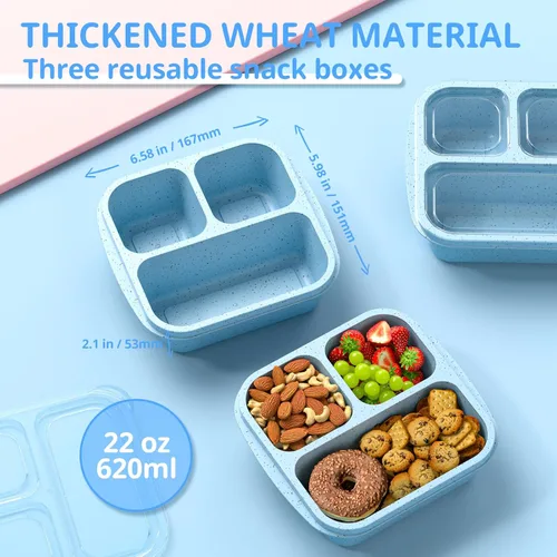 Miniatura 2 de Cajas de aperitivos (paquete de 3) – Cajas Bento apilables con 3 compartimentos, recipientes de preparación de comidas reutilizables, recipientes