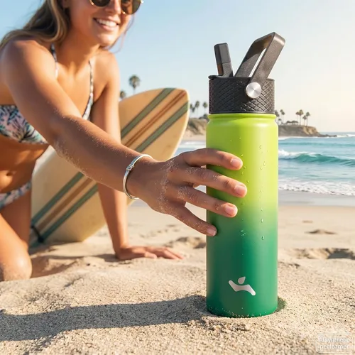 Miniatura 6 de Konokyo - Botella de agua aislada de 18 onzas, botellas deportivas de acero inoxidable con 3 tapas, verde militar