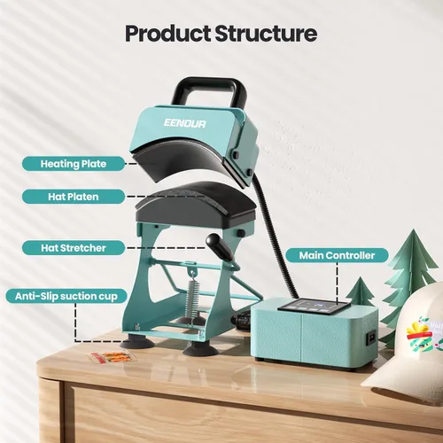 Miniatura 8 de Prensa de sombrero EENOUR, máquina de prensa de calor para sombreros con 2 planchas y estirador de casquillos, máquina de calor para sombreros