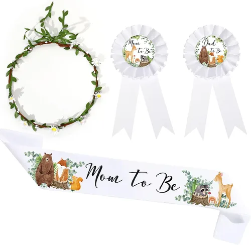 Miniatura 13 de Xinnun 4 piezas de decoración de baby shower, safari con temática de selva para mamá y papá, ramillete con corona de flores de hojas verde salvia