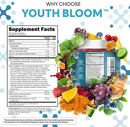 Miniatura 5 de Gomas de Suplemento Youth Bloom NAD+ con Resveratrol, Fisetin, Germen de Trigo, Berberina, Taurina, Cúrcuma, Colágeno, Astaxantina, Nicotinamida