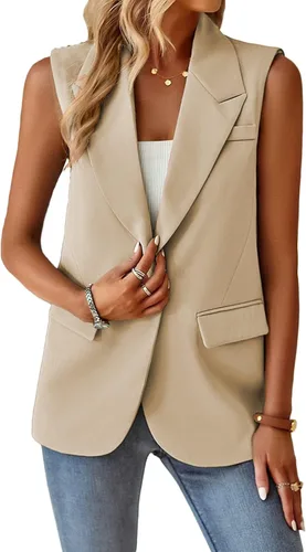 Miniatura 3 de Mina self Chaqueta sin mangas para mujer, casual, ligera, color sólido, chaleco abierto al frente, cárdigan con solapa y bolsillos