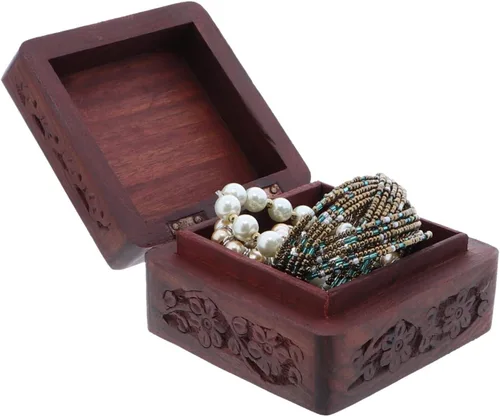 Miniatura 3 de LiShay - Joyero de madera con flores talladas cuadradas