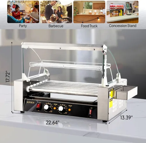 Miniatura 8 de 18 Hot Dog 7 Roller 1050W, máquina de cocina para perros calientes con iluminación LED, control de temperatura doble, cubierta, estante extraíble