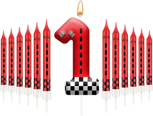 Miniatura 30 de 13 piezas de velas temáticas de coches de carreras para cumpleaños en negro y blanco con número de carrera 1 a cuadros, velas para tarta de coche