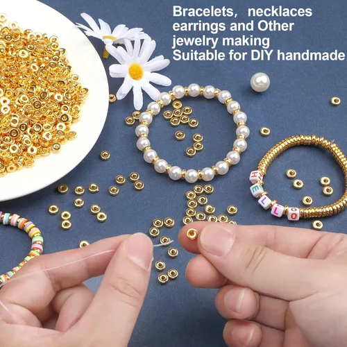 Miniatura 4 de 1500 piezas de cuentas espaciadoras de 6 mm, redondas y planas, doradas, sueltas, para hacer joyas, cuentas en disco para pulseras, collares, Dorado