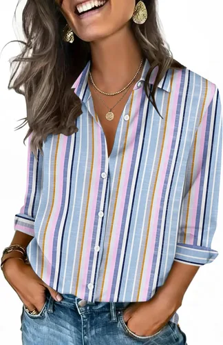 Miniatura 18 de Zeagoo Camisas con botones para mujer, manga 3/4, cuello en V, blusas con cuello en V, trajes casuales de negocios