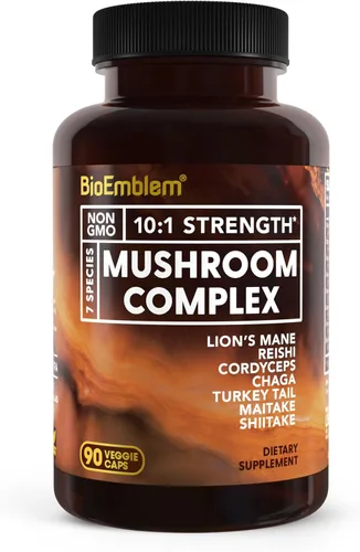 BioEmblem Complejo de hongos - Fuerza 10:1 y 7 especies - Melena de león, Reishi, Cordyceps, Chaga, Maitake, suplemento de hongos shiitake -