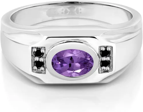 Miniatura 2 de Gem Stone King Anillo de plata de ley 925 para hombre con amatista morada y diamantes negros