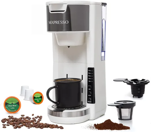 Mixpresso - Cafetera blanca para una sola porción, compatible con cápsulas K-Cup y café molido, cafetera compacta de 30 oz para una sola porción con