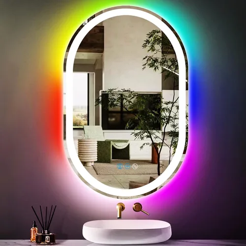 Miniatura 8 de Espejo de baño ovalado RGB de 24 x 16 pulgadas con luces delanteras inteligentes regulables de 3 colores y arco iris, colorido cambiante