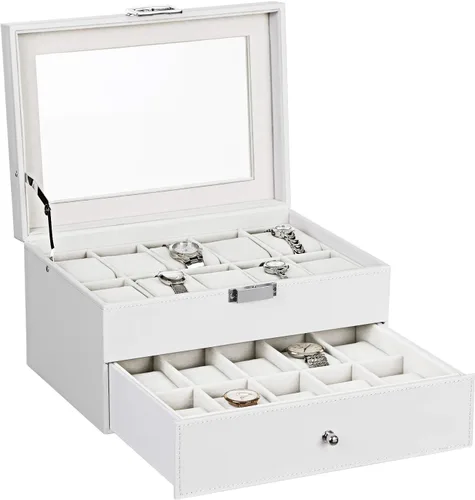 BEWISHOME Organizador de caja de reloj 20 hombres y mujeres caja de reloj Soporte de almacenamiento Bisagra de metal blanco PU cuero superior de
