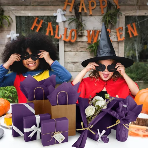 Miniatura 6 de CHRORINE Papel de seda morado - 60 hojas, 20 x 14.5 pulgadas, envoltura de regalos de arte de Halloween y fiesta, manualidades y decoración Púrpura