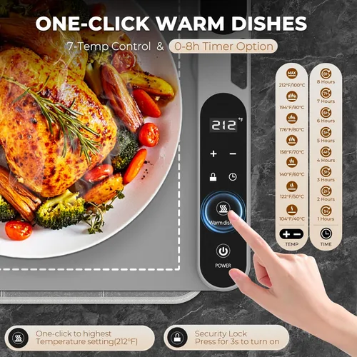 Miniatura 2 de Homelove Tapete de calentamiento para alimentos – Bandeja de calentamiento eléctrica rápida de superficie completa con 7 ajustes de temperatura