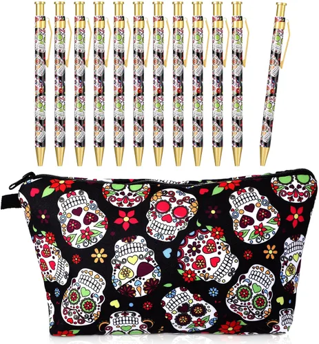 TaoBary 12 bolígrafos de calavera de azúcar con estuche para lápices, bolígrafos retráctiles, bola de clic, bolsa de regalo de calavera de azúcar