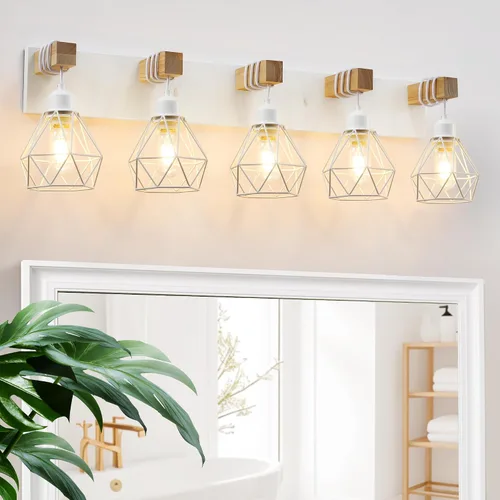 Miniatura 12 de Lámparas blancas para tocador de baño, luminarias de baño de madera de 2 luces sobre el espejo, apliques rústicos de pared con elegante pantalla