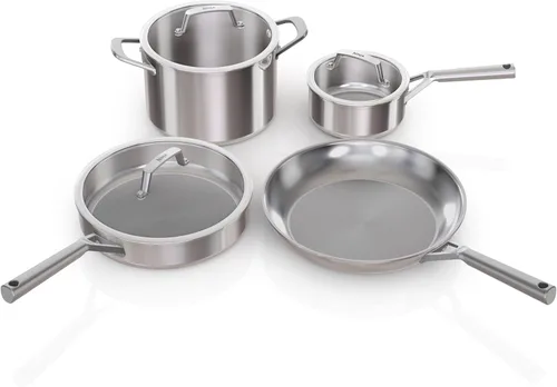 Juego de ollas y sartenes de acero inoxidable Ninja EverClad de 7 piezas, juego de utensilios de cocina, compatible con todas las estufas e